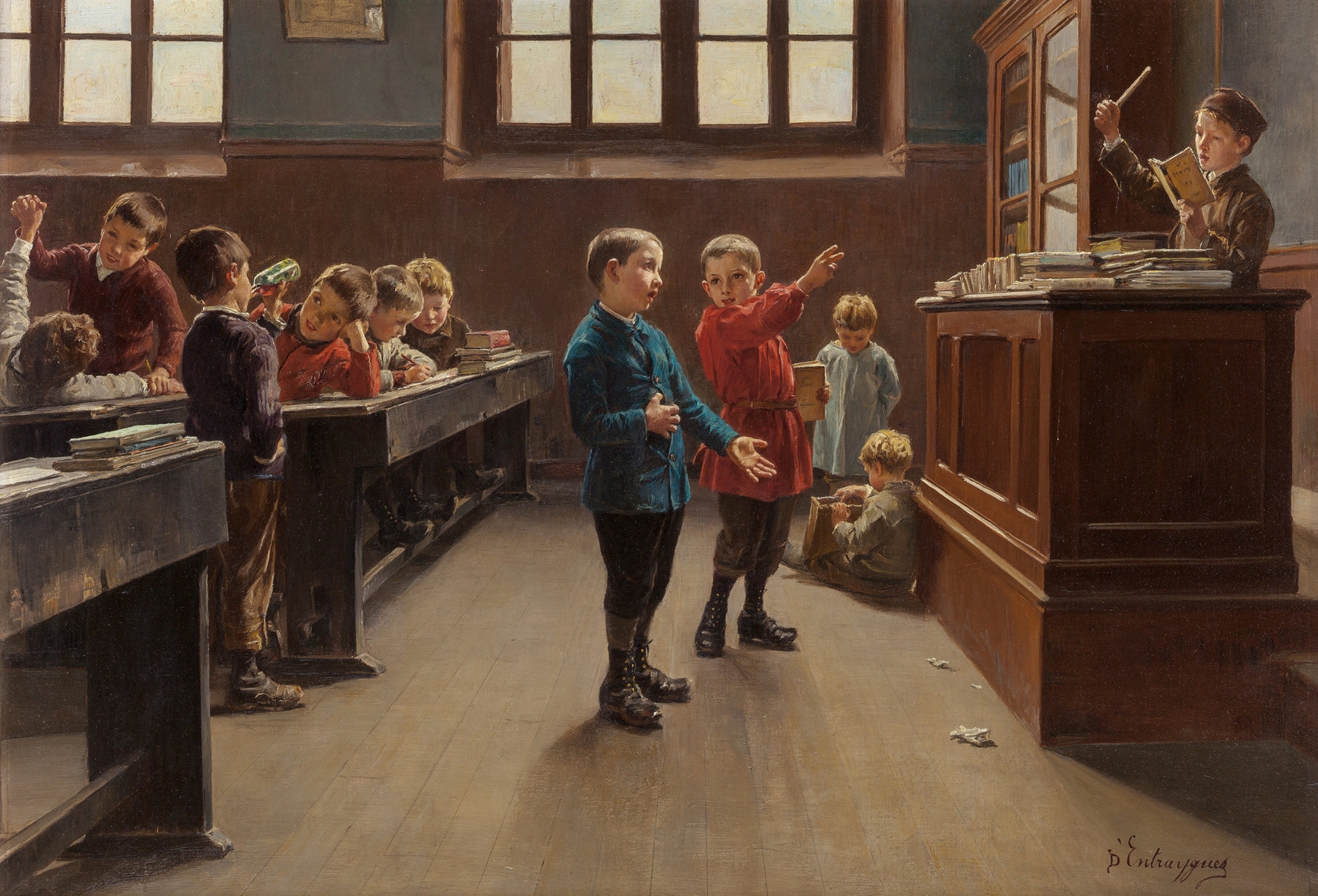 A painting of a classroom with students before class starts.